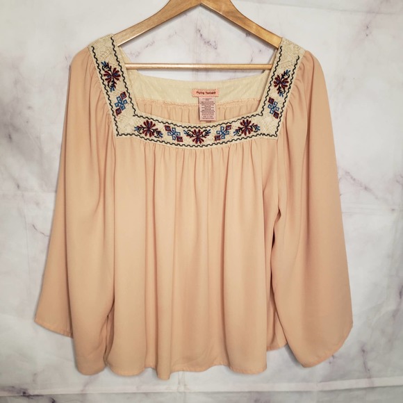 FLYING TOMATO Boho Chic Peach Embroidered Square Neck Blouse L - Picture 1 of 8